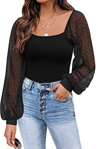 DOROSE Women's Long Sleeve Tops Lace Casual Blouses T Shirts Black Medium