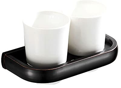 Portabicchieri con doppio portaspazzolino in bronzo nero, con due bicchieri in ceramica bianca, supporto per portabicchieri per dentifricio a parete, accessori per il bagno con tazza per colluttorio (
