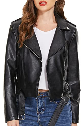 Fahsyee Women's Leather Jackets, Faux Motorcycle Decorative Zipper Bomber Biker Coat Lightweight Vegan Pleather Blazer, Black S
