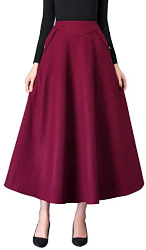 IDEALSANXUN Jupe Longue évasée Taille Haute pour Femme Automne/Hiver, Vin Pur., Taille 3XL