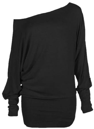 Women's Batwing Long Sleeve Off Shoulder Top Baggy Shirt Jumper Ladies Plain and Printed Batwing Top Casual Winter Wear Loose Off Shoulder Neck Fit Jumper Tops UK Plus Size 8 to 26