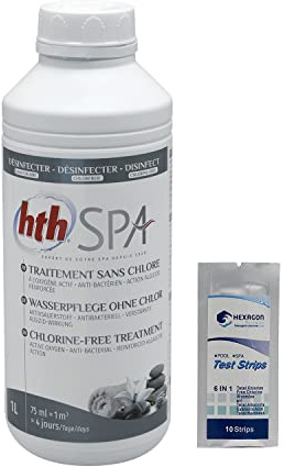 HTH Spa Traitement sans Chlore Liquide - 1L | Désinfection Régulière sans Chlore - Traitement Multifonction + 10 Tests HPS OFFERTS 6 en 1
