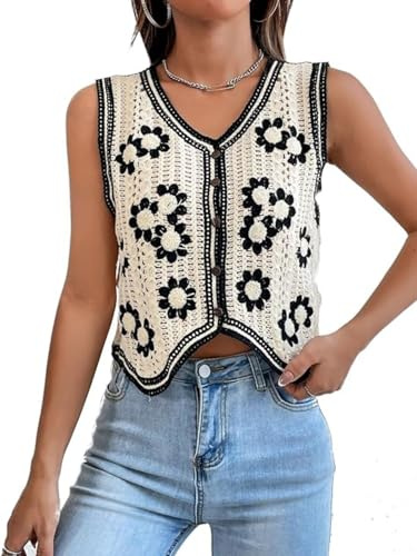 Verdusa Women's Button Front V Neck Sleeveless Floral Pattern Knit Sweater Vest Flower Beige S
