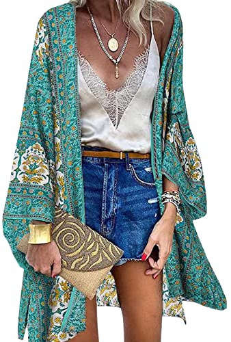 Kimono Copricostume Donna Cardigan Lungo Retro Stampa Floreale Bikini Cover Up Maniche Lunghe Coprivostume Elegante Copricostumi da Bagno Estate Beachwear,Verde,M
