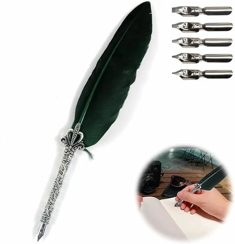 TUKNN Plume Calligraphie, Stylo avec Plume, Plumes Ecrire, Stylo Plumes Vintage, Quill Feather Pen Set, avec 5 Pointes de Rechange, Vert