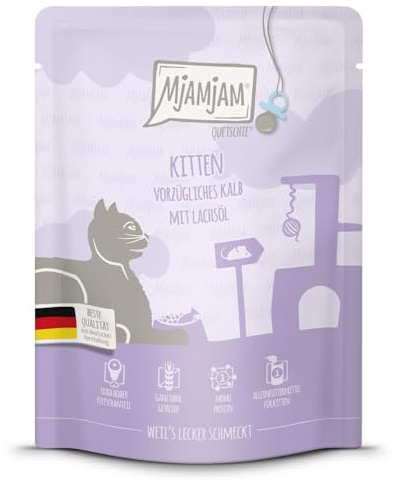 MjAMjAM - Premium Nassfutter für Katzen - Quetschie - Kitten vorzügliches Kalb mit Lachsöl, 1er Pack (1 x 300 g), getreidefrei mit extra viel Fleisch