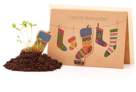 Die Stadtgärtner Nachhaltige Weihnachtskarte zum Einpflanzen mit Weihnachtssocken-Motiv inkl. Umschlag | Grußkarte Weihnachten mit Saatgut | Klappkarte mit Aufschrift Fröhliche Weihnachten