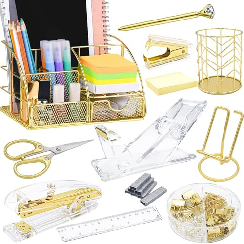 FERXIDI Organizadores y accesorios de escritorio dorados, suministros de oficina para escritorio, juego de 13 piezas con grapadora acrílica, dispensador de cinta, removedor de grapas, soporte para