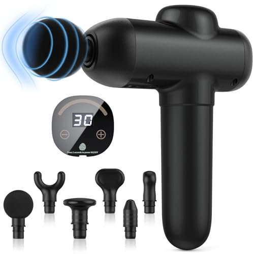 Muskelmassagepistole, 30 Geschwindigkeitsstufen, 6 Schlag-Massageköpfe zur Linderung von Muskelschmerzen, Körpermodellierung mit LCD-Touchscreen, tiefschwarz