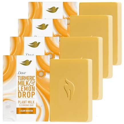 Dove Plant Milk Cleansing Bar Soap Turmeric Milk & Lemon Drop Glow Booster 4 Count for Moisturized Skin Gentle Cleanser, No Sulfate Cleansers or Parabens, 98% Biodegradable Formula 5 oz