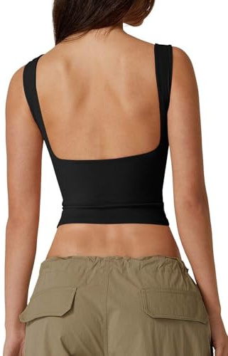 QINSEN High Neck Open Back Cropped Tops for Women Sleeveless Summer Y2K Tee Shirts Black S