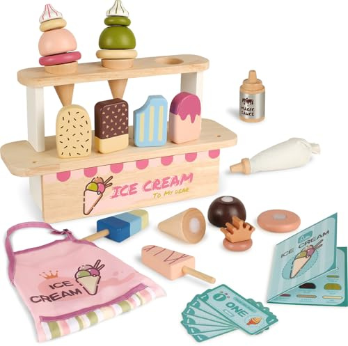 Ice Cream Shop Toy for Kids, Wooden Ice Popsicle Toys, Kids Ice Cream Cart, Wooden Play Food, Play Kitchen Accessories, Gifts for 3 Year Olds Girls & Boy Christmas, Halloween, Easter, Birthday