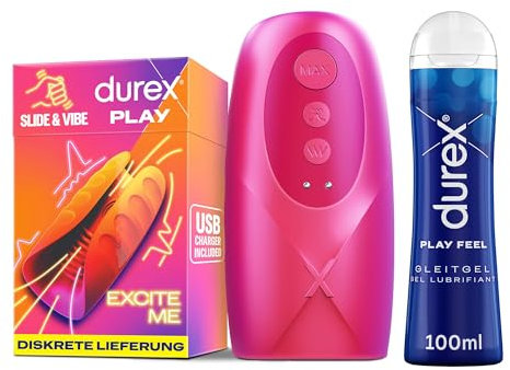 Durex Set mit Play Feel Gleitgel 100 ml Slide Vibe Masturbator Gleitgel wasserbasiert sanft pH-freundlich, kondomgeeignet und Sex Toy mit 3 Leck 7 Vibrationsmodi Vibrator Sexspielzeug für Männer Paare