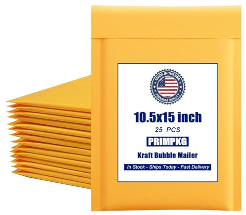 PRIMPKG Bubble Mailer Envelopes, 25 Pack Kraft Padded Envelopes, Large Bubble Mailers 10.5x15 Inch, Self-Seal Shipping Envelope, Tear-Resistant Mailing Envelope Padded
