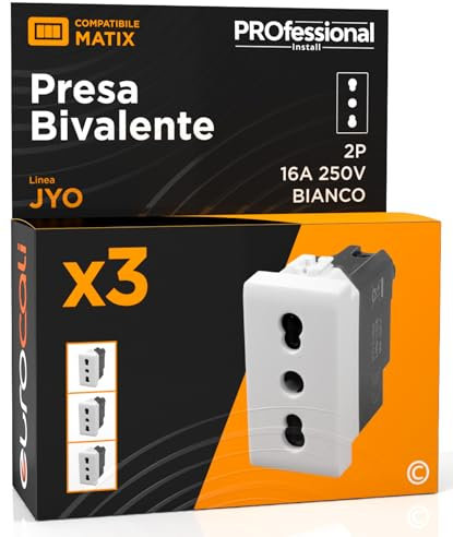 Presa Elettrica Italiana 2P+T Bivalente 10/16A 250V Compatibile con BTicino Matix Presa di Corrente Bipasso Pluristandard da Muro Frutti Elettrici Colore Bianco - Confezione da 3