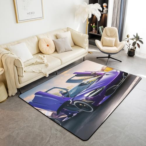 Homewish Teens Race Car Area Teppich 150Bx200L 3D Cool Speed Race Car Dekorative Teppich für Jungen Kinder Moderne Luxuary Auto Teppich Mode Lila Fahrzeug Indoor Bodenmatte für Esszimmer Unter Tisch