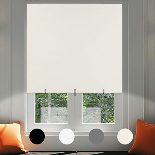 No Drill Blackout Blind Stick on Curtains Thermal Insulated, Adjustable Clips Self Adhesive Cut to Size Easy Fit Temporary Blackout Window Blinds for Bedroom, Nursery (1, Light Beige, 90W x 180H cm)