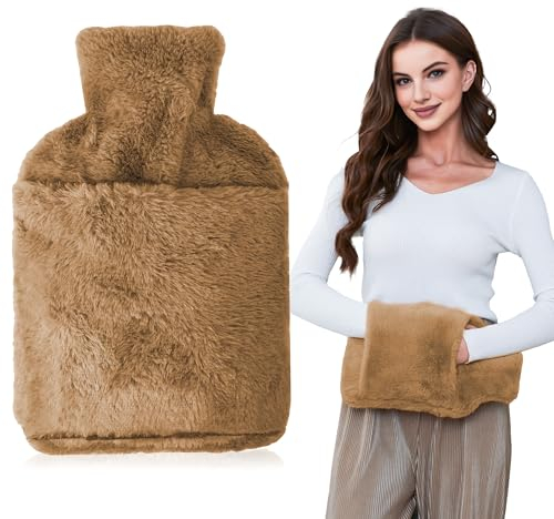 Wärmflasche mit Bezug, 2L Groß Wärmflasche Flauschig Plüsch Känguru Tasche, Naturkautschuk Wärmflaschen mit Handwärmer Auslaufsicher Bettflasche für Rücken, Bauch Perioden Schmerzlinderung