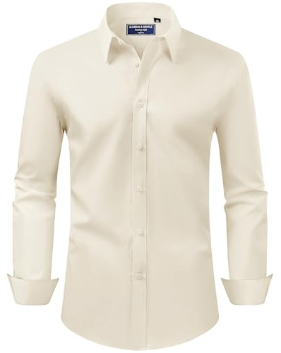 Alimens & Gentle Beige Dress Shirt Men Regular Fit Stretch Stain Shield Long Sleeve Solid Business Wedding Button Down Shirts,Beige,Large