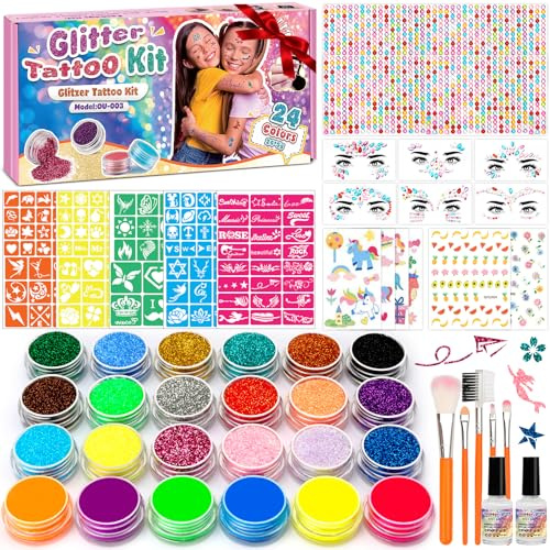 Glitzer Tattoo Set kinder, Glitzertattoos kinder Set für Mädchen 3+, Temporäre Tattoo Kit, 24 Farben, 150 Schablonen, 1292 Strasssteine, Geschenke für Geburtstag, Partys, Kindertag