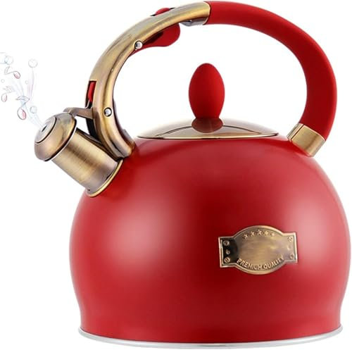 Bouilloire sifflante rétro en acier inoxydable de qualité alimentaire pour cuisinières halogènes électriques à induction, gaz, 3,2 l, rouge