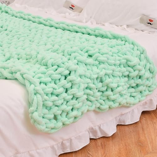 GYHH 100% Handgestrickt Gestrickte Decke Grob Kuscheldecke Grobstrick Decke Wolldecke Strickdecke Tagesdecke Überwurf Decke Zuhause Dekor Geschenk Fürs Sofa Tagesdecke (Mint Green,100x100CM)