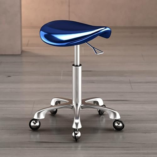 Sattelhocker mit Rollen Höhenverstellbar Leder für Werkstatt Schönheitssalons Studios, Drehstuhl mit Rollen Tragbarer Hocker Friseurhocker(Blue)