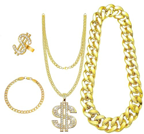Dollar Kette Goldkette Fasching Rapper Kette Armbänder Ring Hip Hop Kette Zuhälter Kostüm Pimp Rapper Hip Hop Kostüm Herren