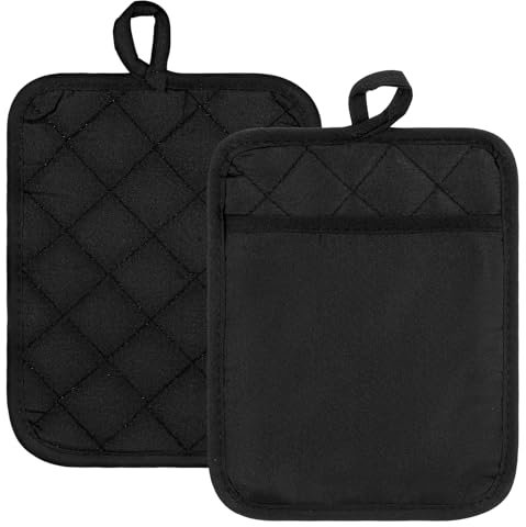 JIEYAO 2 Stück Topflappen Baumwolle mit Tasche Topfhandschuhe, Hitzebeständige Anti-Rutsch Schwarz Ofenhandschuhe Aufhängbar Strapazierfähige Hot Pads Küchenzubehör zum Kochen und Backen