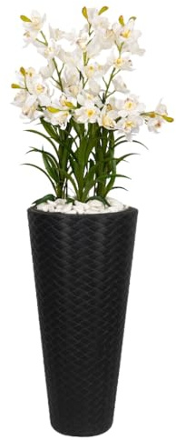 Künstliche Blumen Orchidee sehr groß im Topf XXL 140cm Gesamthöhe Textilblume Orchideengesteck Wie Echt für Heimbüro Hoteldekoration oder Wohnzimmer (Topf schwarz Geflecht | weiße Blüten)