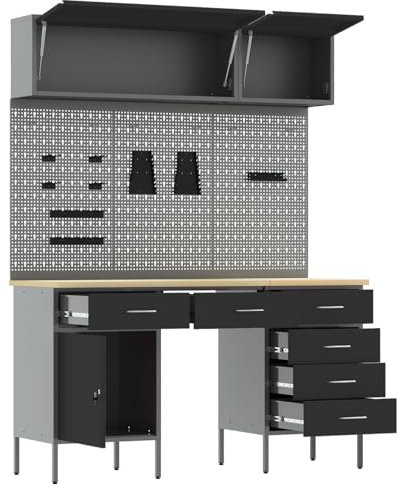 vidaXL Arbeitsschrankset mit Schubladen mit Speicher 8 pcs Schwarz, Werkstatt-Schrank, moderne Aufbewahrung für effiziente Werkzeugorganisation, robustes pulverbeschichtetes Stahl
