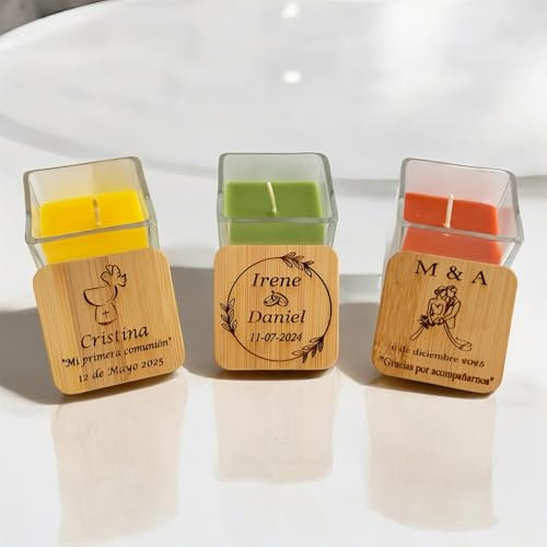 regalo grabado – 10 Velas Personalizas | Velas Boda, Comunion, Bautizo | Tarro Cristal con Tapa de Bambú | Aromas Limón, Naranja, Manzana, Vainilla | Opcion aromas surtidos