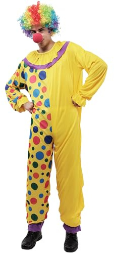 Carnavalife Disfraz Payaso Hombre Adulto Halloween Carnaval Traje de Circo Divertido de Una Pieza Color Amarillo con Lunares Multicolor