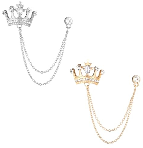2PCS Suit Hanging Chain Men's Crown Retro Crystal Pins Collar Pin Brooch with Stone Detailing Suit Stud Lapel Rhinestone Pin Engraving, Metal Crystal for Breastpin Wedding Brooch