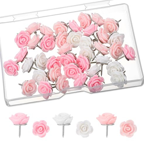 XLIUAX 40Pcs Flower Push Pins, Rose Thumb Tacks Cute Pink Thumbtacks for Cork Board Decorative Push Pins for Bulletin Board Photos Wall Maps Offices