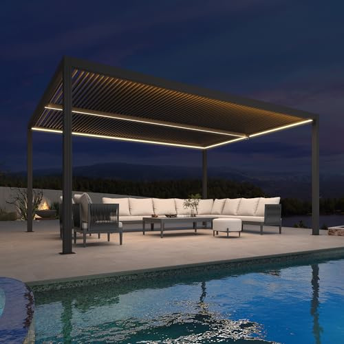 Pergola bioclimatique en aluminium de 4,8 x 3,68 m avec lumières LED - Auvent de jardin imperméable à pergola réglable - Auvent de terrasse - Solution d'abri gris