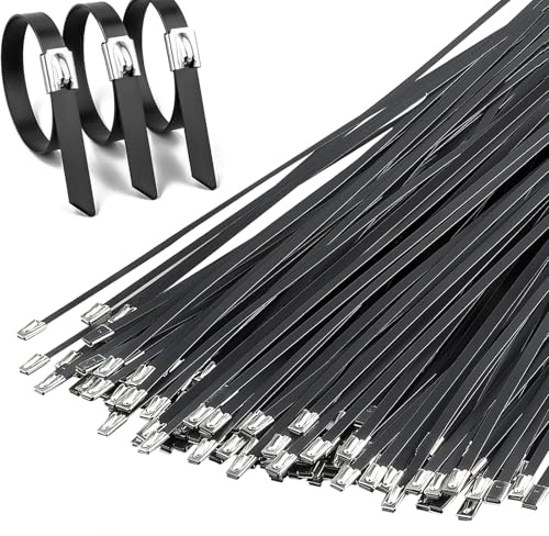 XHMAXE Heavy Duty Metal Cable Ties, 100PCS Black Zip Ties, 4.6 x 300mm | Stainless Steel Wire Ties, 268LBS Load, Rustproof and Heat Resistant for Fences, Pipes, Farms, Cables and Outdoor Use