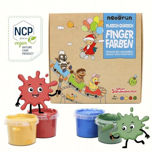 neogrün Bio-Fingerfarben Platsch-Quatsch für Kinder, ungiftig, 4 x 120g | Pittiplatsch-Edition, Fingermalfarben ab 1 Jahr, cremig, leicht abwaschbar, vegan, mit Pflanzen- und Mineralpigmenten