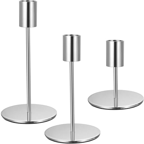 3 Pcs Candelabro Plata, 8.5/16/16 cm Candelabros para Velas, Candelabros Decorativos de Velas, Candelabro Decorativos de Velas para Velas Cilindro Decoración de Mesa Bodas Cumpleaños(Plata)