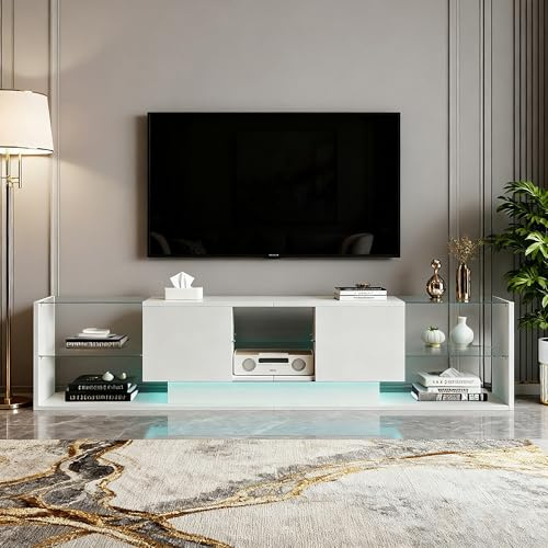 Meuble TV 200 cm avec lumières LED, meuble TV salon avec 2 tiroirs, table pour télévision avec étagères en verre, meubles de salon, pour chambre et salon Blanc 200 x 35 x 45 cm