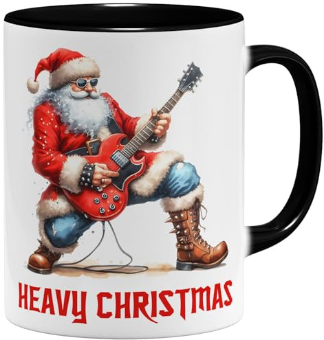 OM3® Heavy Christmas Kaffee-Tasse Lustige Weihnachtstasse für Rocker & Heavy Metal Fans - Santa mit E-Gitarre II - Keramik Becher - 325ml - Beidseitig Bedruckt - Schwarz