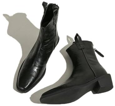 Damstövletter med medelhög klack, V-skuren spetsig tå, tjock klack, läder, dragkedja bak, fashionabla, bekväma, western-inspirerade cowboystövletter