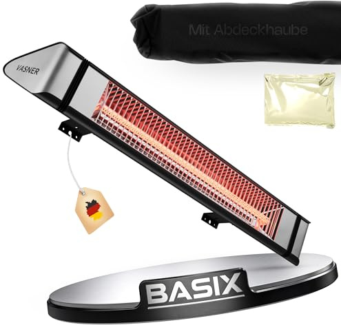 VASNER Teras 25 Basix – Elektrischer Terrassenstrahler mit 1 Heizstufe, 2500 Watt, Infrarot Heizstrahler für Outdoor, Infrarotstrahler Gastro/Terrasse, extern steuerbar (Schwarz mit Cape)