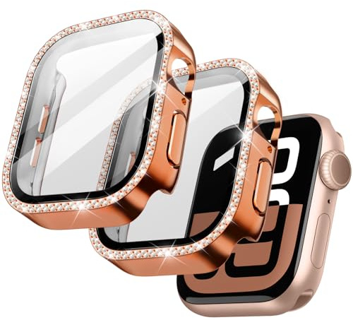 JETech Bling Diamond Skal för Apple Watch Series 11/10 46mm, Kopparroséguld | Med Skärmskydd, Glittrande Strassdesign, Inbyggt Härdat Glas, Hög Pekskärmskänslighet, Fullt Skydd
