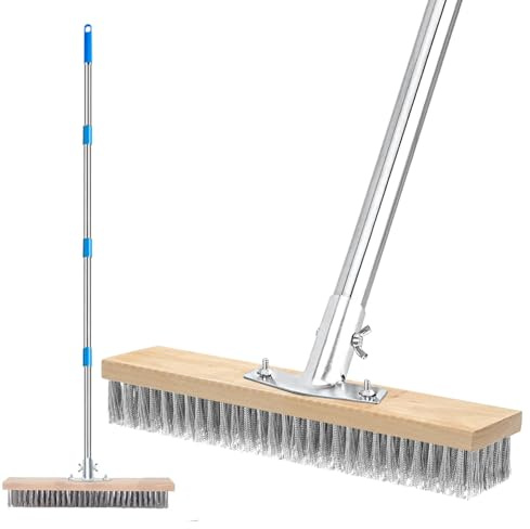 Wire Broom Brush, 16 Stainless Steel Garden Broom with 63 Long Handle, Heavy Duty Outdoor Floor Scrub Brush for Cleaning Weed Moss Algae on Patio, Deck, Garden, Garage