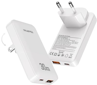 RUIFEI 30W USB C Ladegerät 2 Port GaN Schnellladegerät Slim Netzteil Weiß | PD Fast Charger kompatibel mit MacBook, iPad, iPhone 17 16 15 Pro Max, Galaxy S25 S24 S23 Ultra, Dell