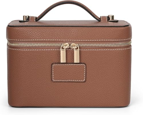 PU Kosmetiktasche Make up Tasche Damen, wasserdicht Kulturtasche mit Griff, Reise Cosmetic Bag Organizer Schminktasche mit Fächern (Braun)