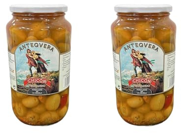 Aceitunas de la Abuela Chicón | Partidas con Ajo y Pimiento | 900g (550g Escurrido) | Sin Gluten | Receta Tradicional Antequera | Aperitivo Español | Tapas y Picoteo | Olivas Aliñadas Andaluzas