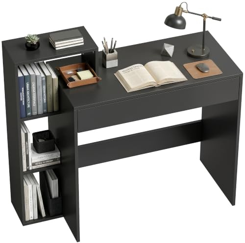 HOMCOM Scrivania Salvaspazio Moderna con Libreria 100x40x90cm Nero | 3 Ripiani Aperti, Cassetto Grande, Tavolo Porta PC per Computer, Ufficio, Studio, Camera da Letto