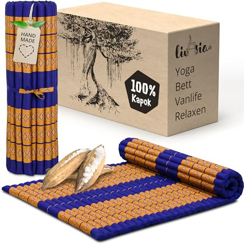 livasia Rollmatte Rollmatratze L breit bequem - 200x110x4,5cm - Gästebett Gästematratze 1 Person, Reisebett Kofferraum Outdoor, Thaimatte Kapok Garten Balkon handgefertigt (Blau/Gelb)